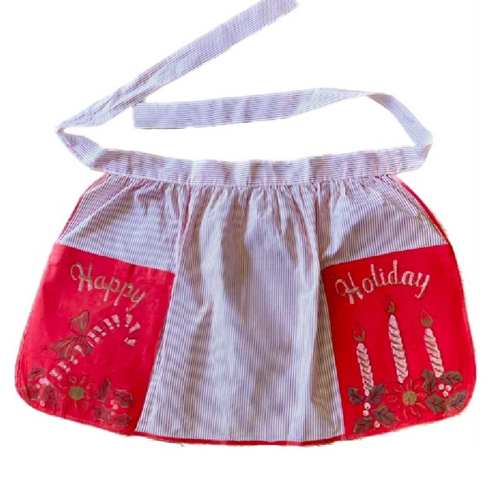 Vintage 1950s-60s Christmas Holiday Half Apron Red White Gold